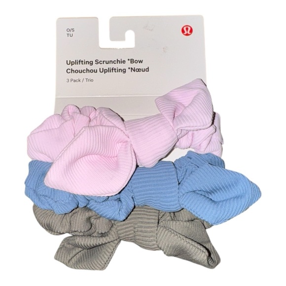lululemon athletica Accessories - Lululemon Uplifting Scrunchie Bow 3-Pac Meadow Pink Utility Blue Carbon Dust NWT